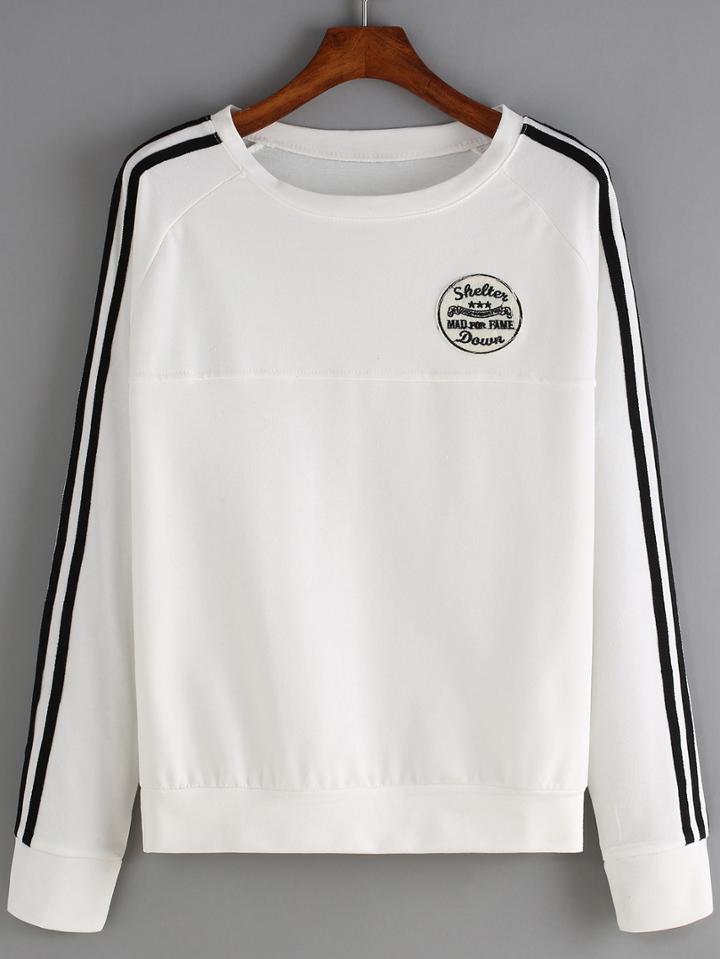 Romwe Varsity-striped Patch White Sweatshirt