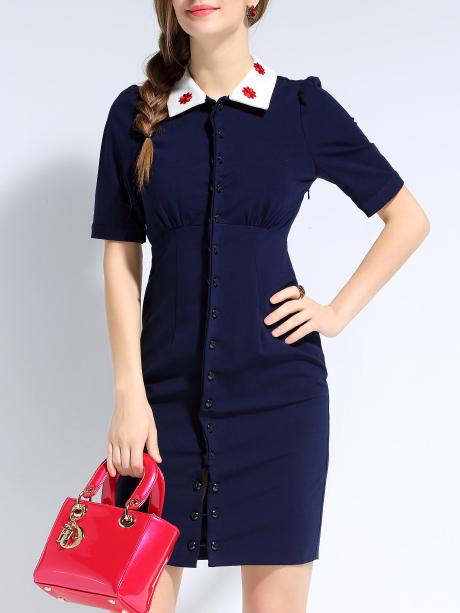 Romwe Navy Lapel Short Sleeve Bodycon Dress