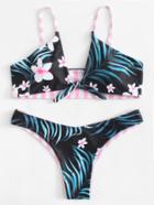 Romwe Knot Front Tropical Bikini Set