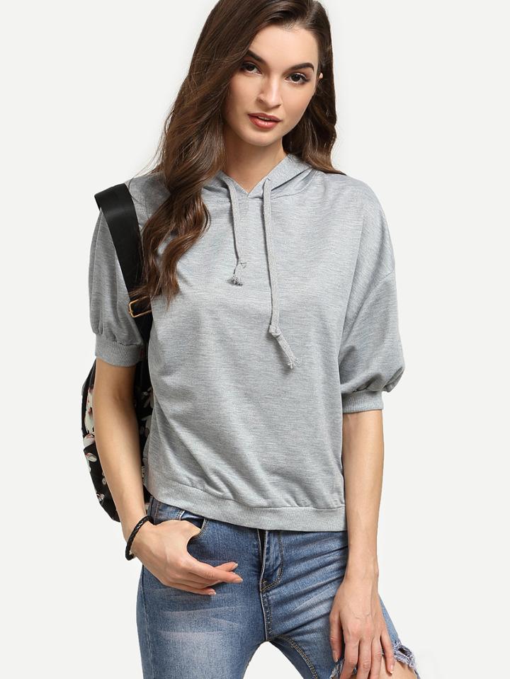 Romwe Grey Hooded Half Sleeve Sweatshirt
