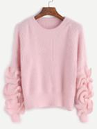 Romwe Pink Drop Shoulder Ruffle Trim Fuzzy Sweater