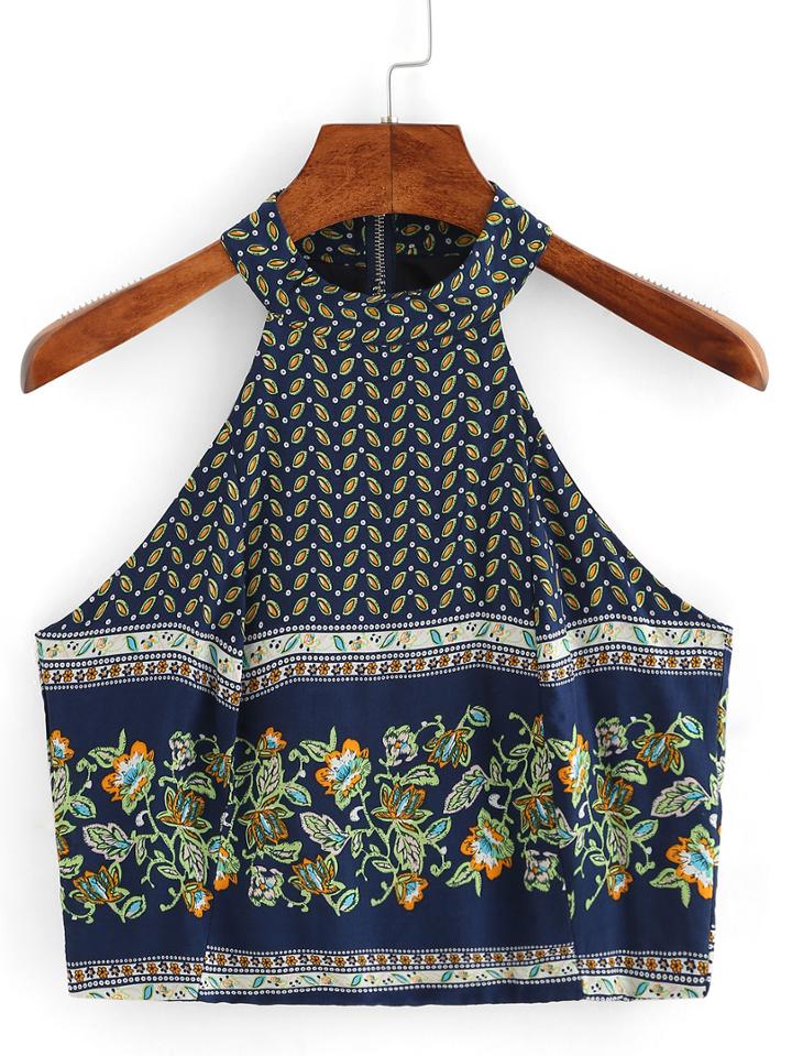 Romwe Halter Neck Flower Print Top