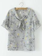 Romwe Grey Floral Tie Neck Chiffon Blouse With Pearl