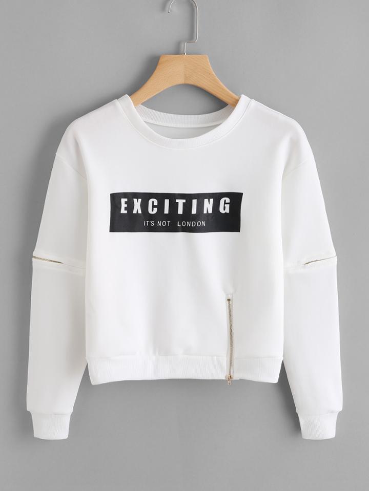 Romwe Letter Print Zip Detail Sweatshirt