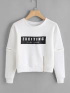 Romwe Letter Print Zip Detail Sweatshirt