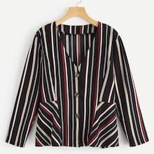 Romwe Plus Pocket Front Striped Shirt