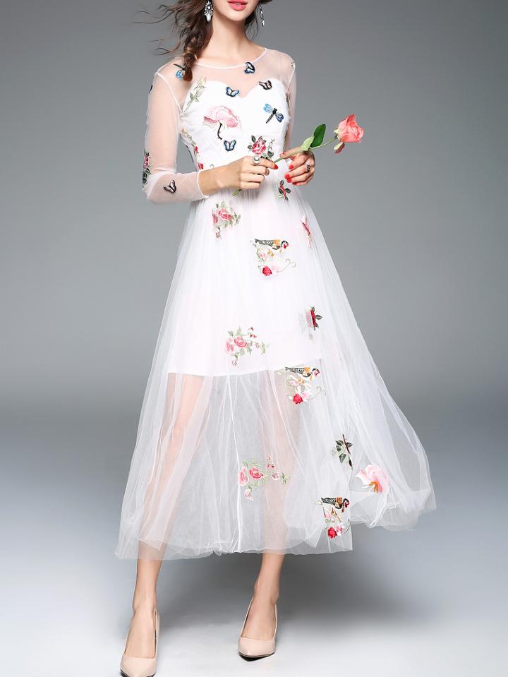 Romwe White Sheer Gauze Embroidered Maxi Dress