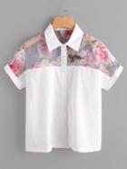 Romwe Contrast Florals Mesh Yoke Cuffed Shirt
