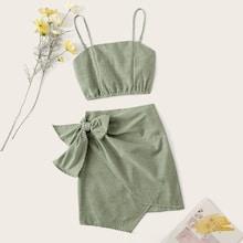 Romwe Striped Crop Cami Top & Wrap Knotted Skirt Set