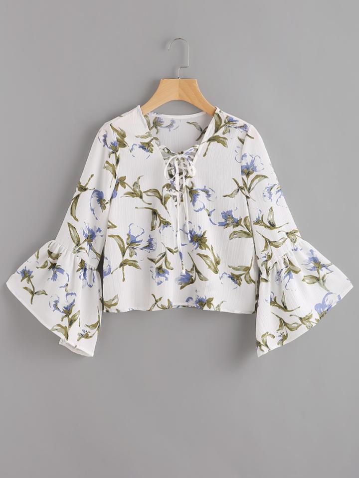Romwe Lace-up Front Trumpet Sleeve Floral Print Top