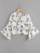 Romwe Lace-up Front Trumpet Sleeve Floral Print Top