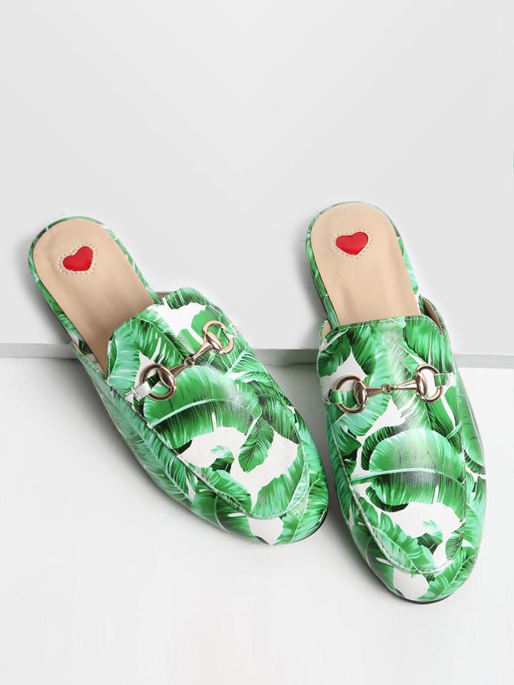 Romwe Green Leaf Print Loafer Slippers
