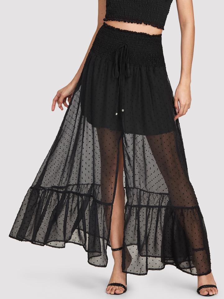 Romwe Shirred Waist Ruffle Hem Dot Jacquard Skirt