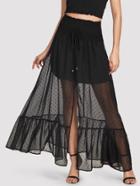 Romwe Shirred Waist Ruffle Hem Dot Jacquard Skirt