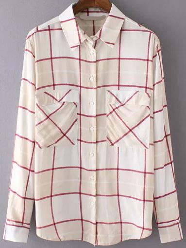 Romwe Lapel Plaid Blouse With Pockets