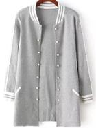 Romwe Striped Trim Buttons Knit Grey Coat