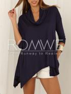 Romwe Navy Half Sleeve Asymmetric T-shirt