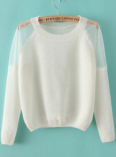 Romwe Sheer Mesh Shoulder Crop White Sweater