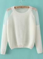 Romwe Sheer Mesh Shoulder Crop White Sweater