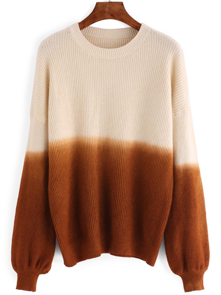 Romwe Dropped Shoulder Seam Ombre Ribbed Khaki Sweater