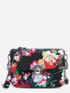 Romwe Black Flower Print Flap Bag With Chain Strap