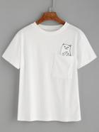 Romwe White Cat Print Pocket T-shirt