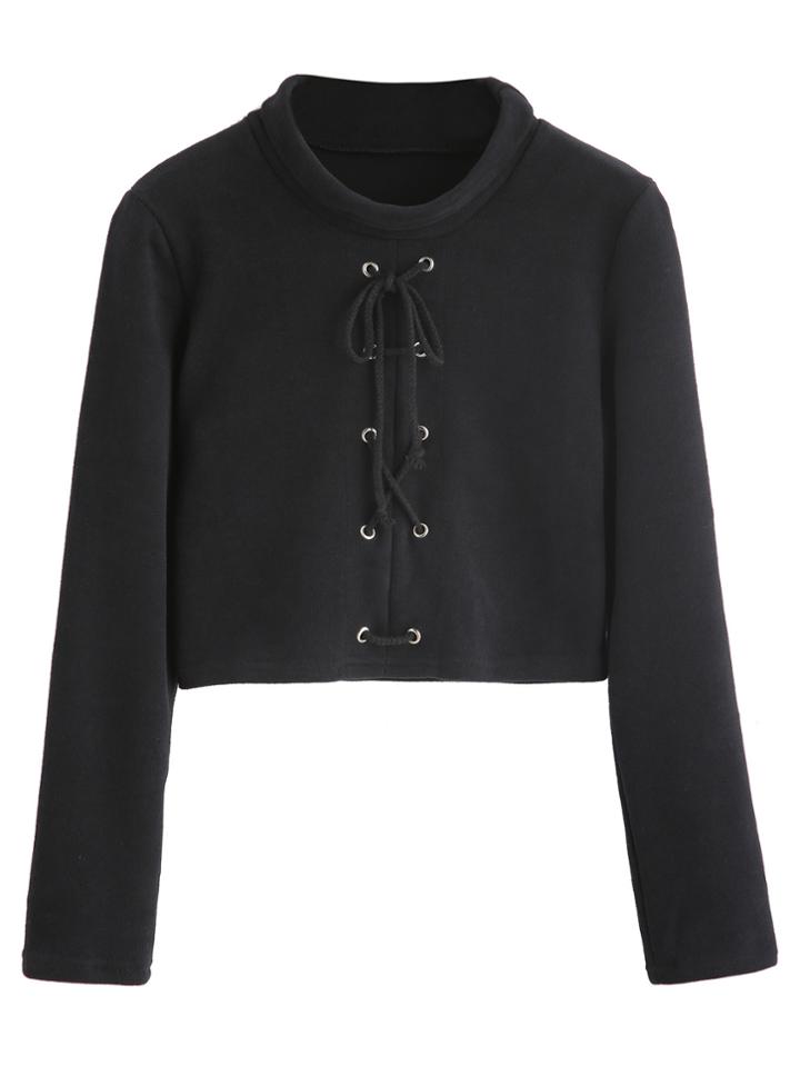 Romwe Black Eyelet Lace Up Long Sleeve Crop T-shirt