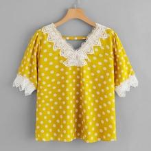 Romwe Plus Contrast Lace Polka Dot Blouse