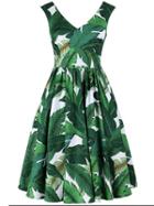 Romwe Green Floral V Neck High Waist Sleeveless Dress