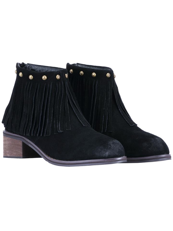 Romwe Black Brush Fringe Zipper Studs Pu Boots