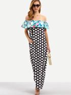 Romwe Multicolor Off The Shoulder Polka Dot Ruffle Maxi Dress