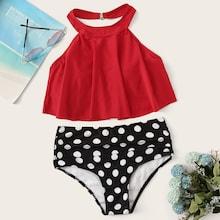 Romwe Floaty Top With Ruched Polka Dot Bikini Set