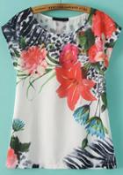 Romwe White Short Sleeve Floral Loose T-shirt