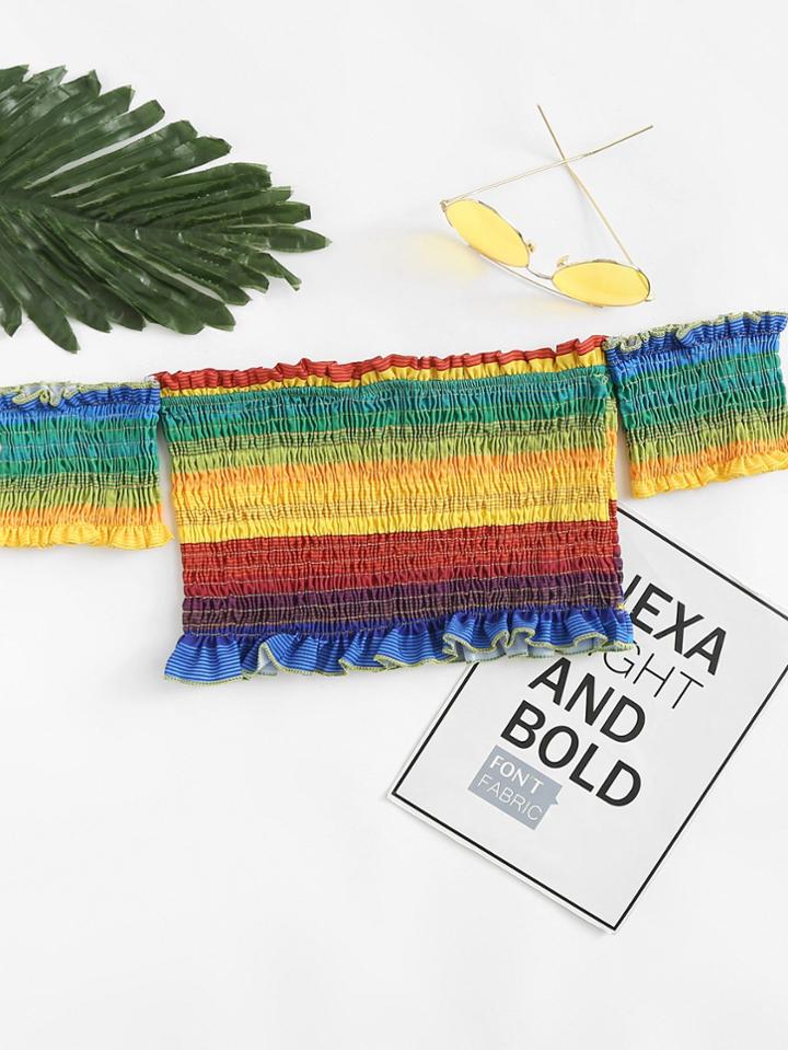 Romwe Off Shoulder Colorful Striped Crop Top