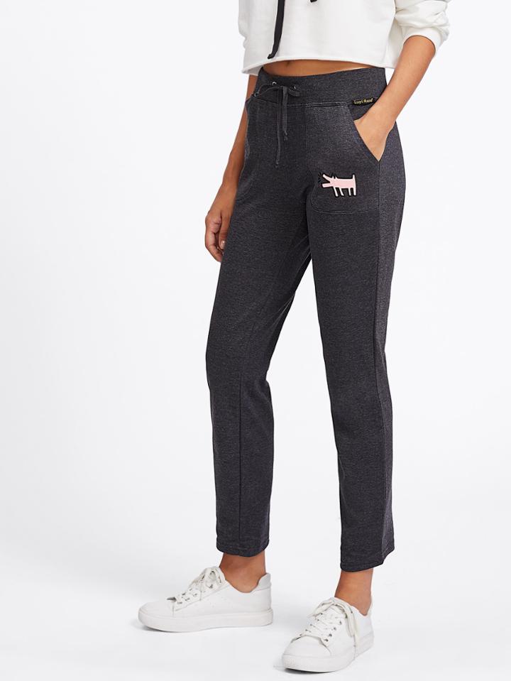 Romwe Drawstring Waist Dog Embroidered Patch Pants