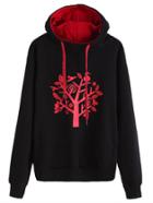 Romwe Black Tree Print Raglan Sleeve Drawstring Hooded Sweatshirt