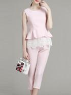 Romwe Pink Contrast Crochet Ruffle Top With Pants