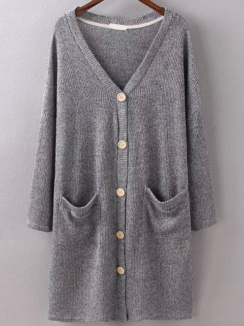 Romwe Buttons Pockets Long Pale Grey Cardigan