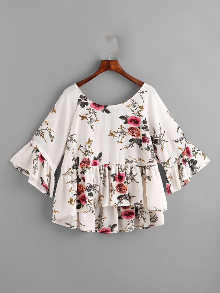 Romwe Random Lace Up Back Dip Hem Frill Blouse