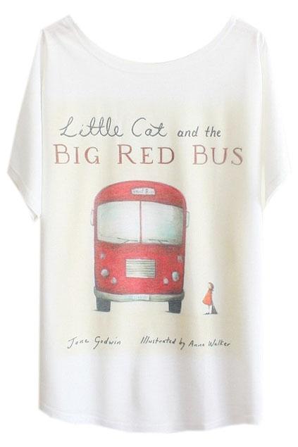 Romwe White Batwing Short Sleeve Red Bus Print T-shirt