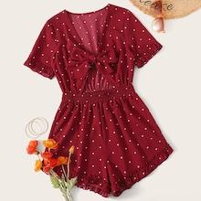 Romwe Polka Dot Print Tie Front Ruffle Hem Romper