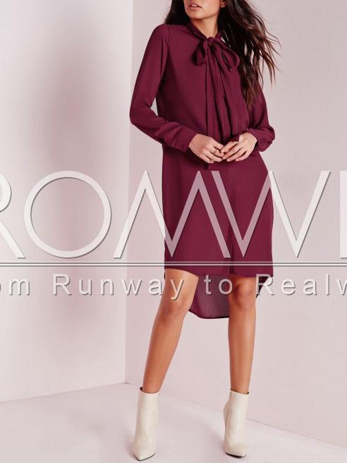 Romwe Burgundy Long Sleeve High Low Dress