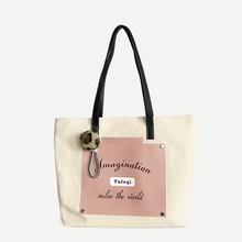 Romwe Pom Pom Decor Slogan Print Tote Bag