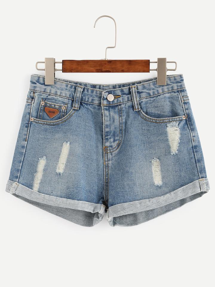 Romwe Blue Ripped Roll Hem Denim Shorts