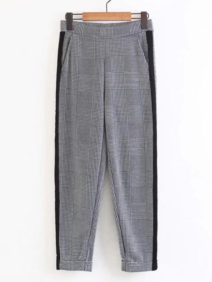 Romwe Contrast Tape Rolled Cuff Gingham Pants