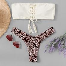 Romwe Lace-up Bandeau With Leopard High Leg Bikini Set