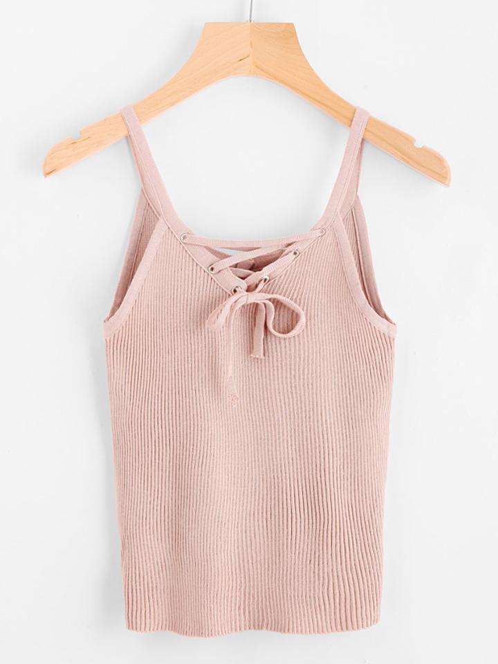 Romwe Eyelet Lace Up Ribbed Cami Top