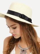 Romwe Ribbon Accent Straw Hat - Beige