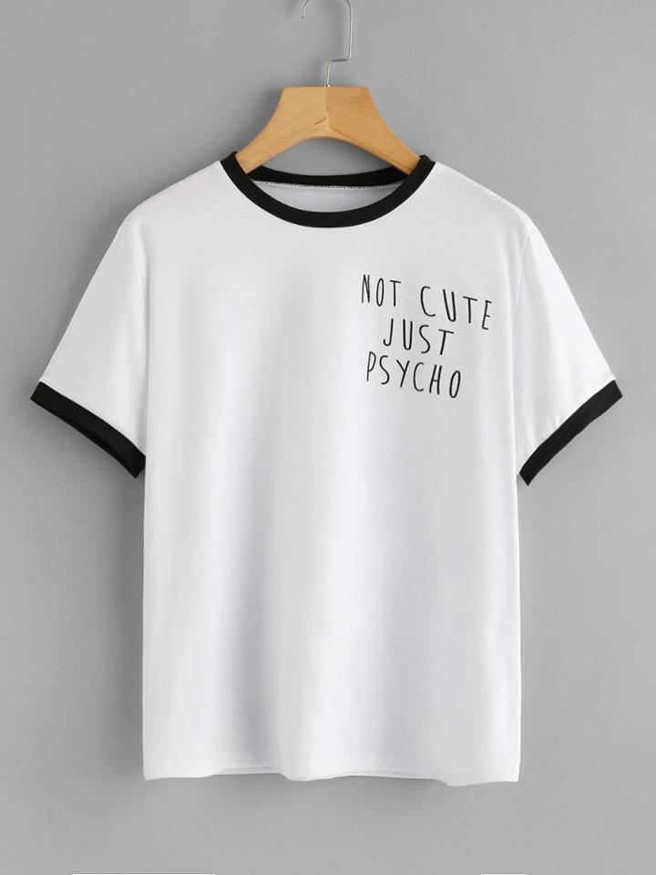 Romwe Contrasted Trim Slogan Print Tee