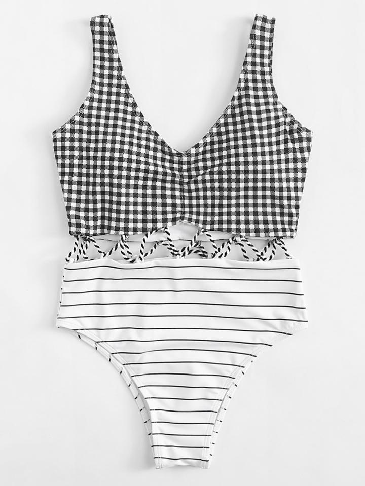 Romwe Gingham & Striped Print Tassel Tie Swimsuit